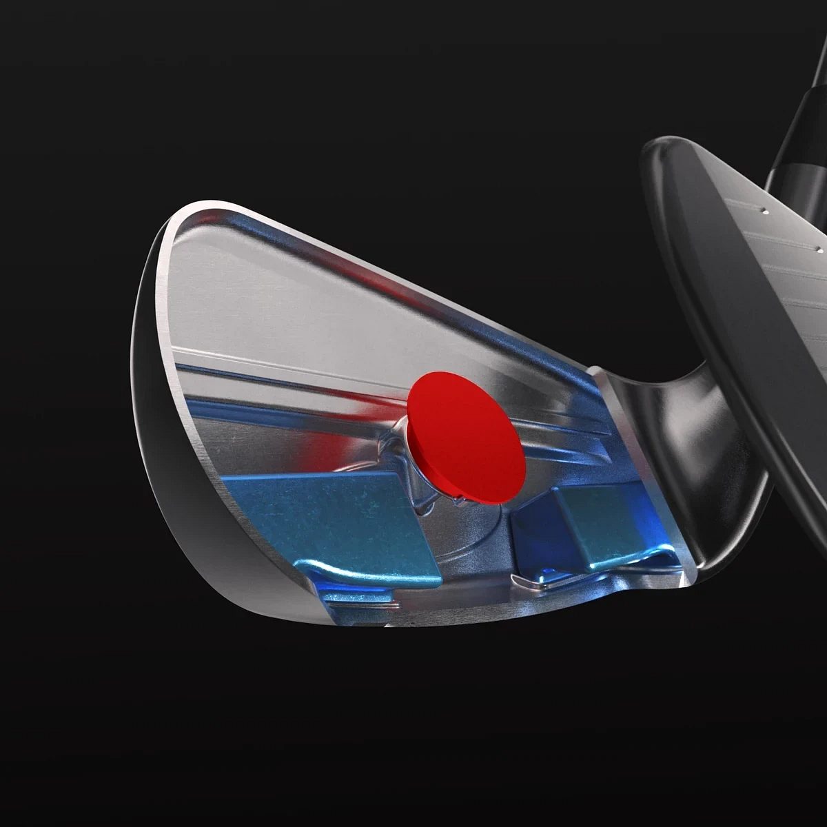 Gegnsæ mynd af haus Titleist T250 járns þar sem tungsten lóðin eru sýnd blá