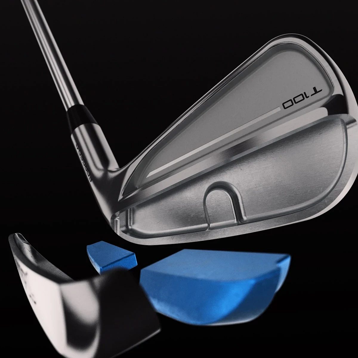 Sundurliðuð mynd af Titleist T100 járni þar sem tungsten lóðin eru sýnd blá