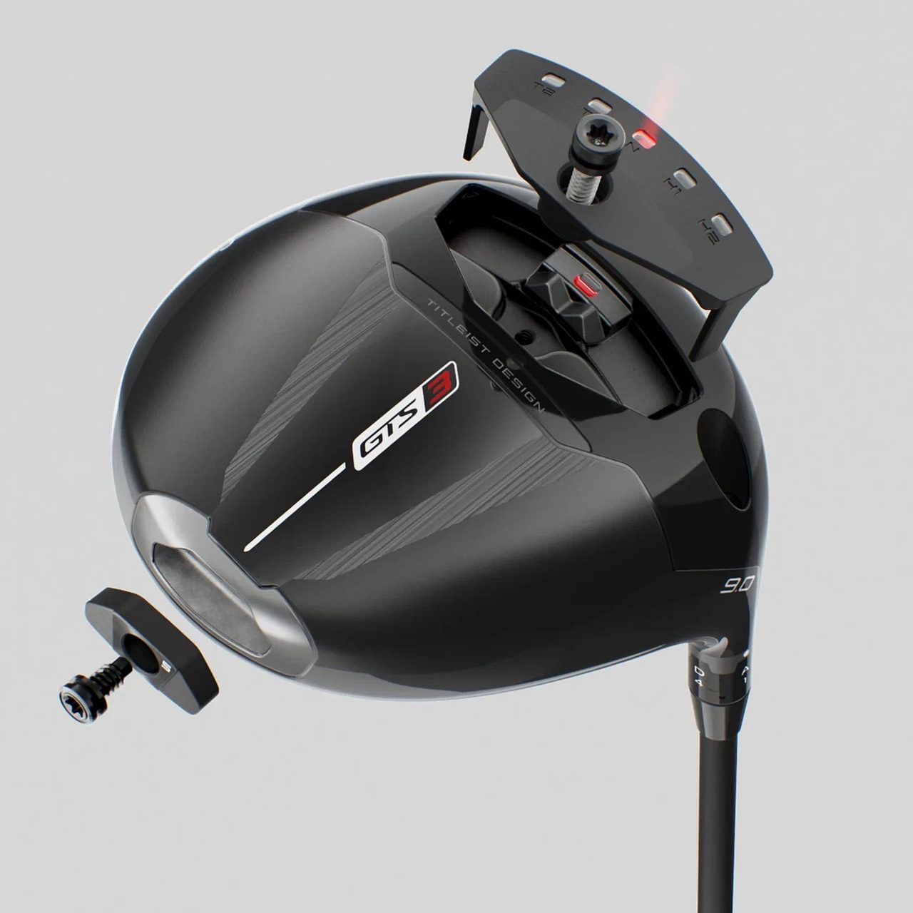Haus Titleist GTS3 drivers séður að neðan, lokið yfir SureFit CG Track brautinni og annað lóðið skrúfuð úr