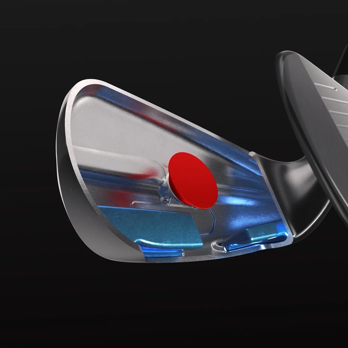 Gegnsæ mynd af haus Titleist T350 járns þar sem tungsten lóðin eru sýnd blá