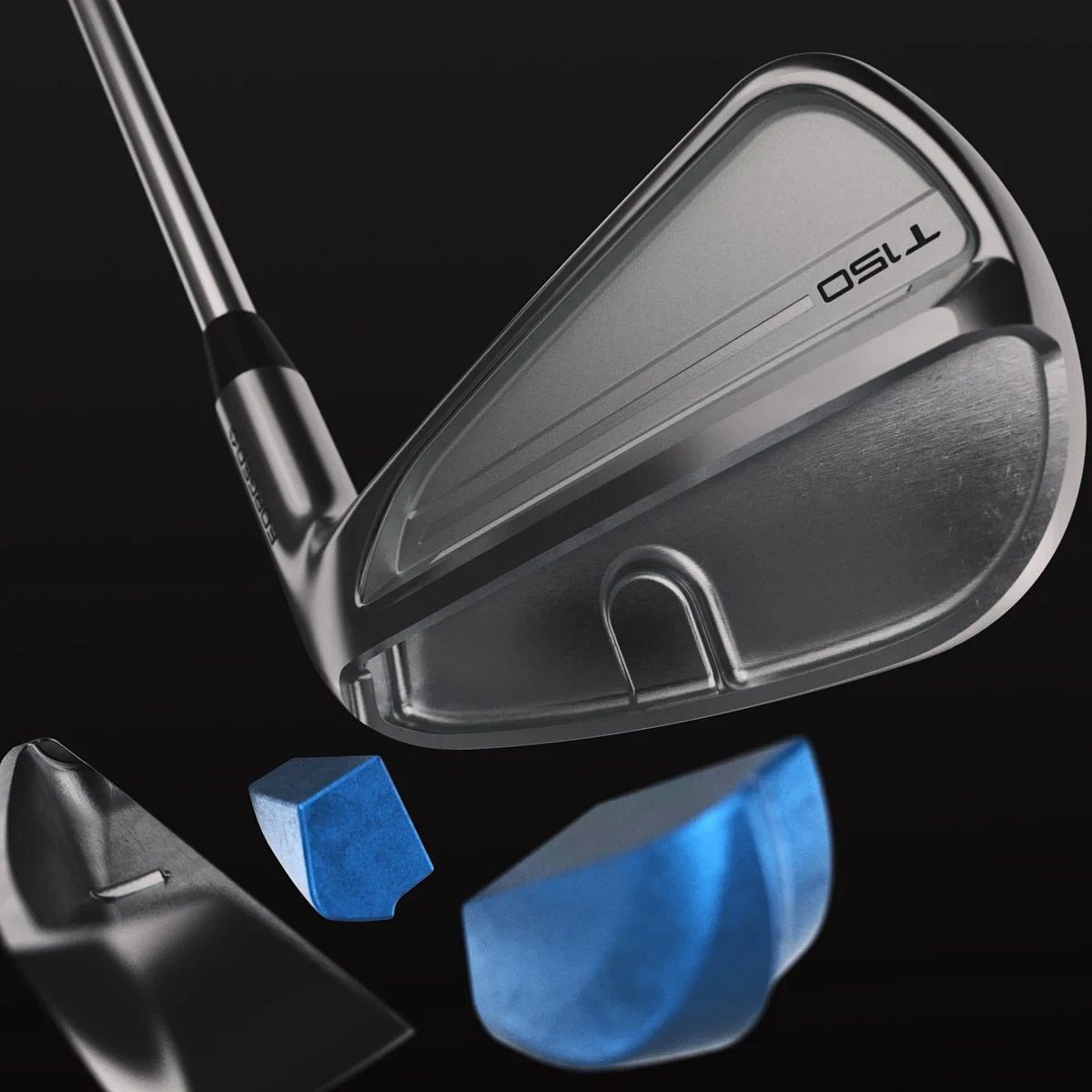 Sundurliðuð mynd af Titleist T150 járni þar sem tungsten lóðin eru sýnd blá
