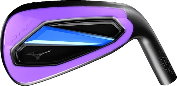 Bakhlið Mizuno JPX925 Hot Metal járns þar sem ramminn utan um bakið er litaður fjólublár