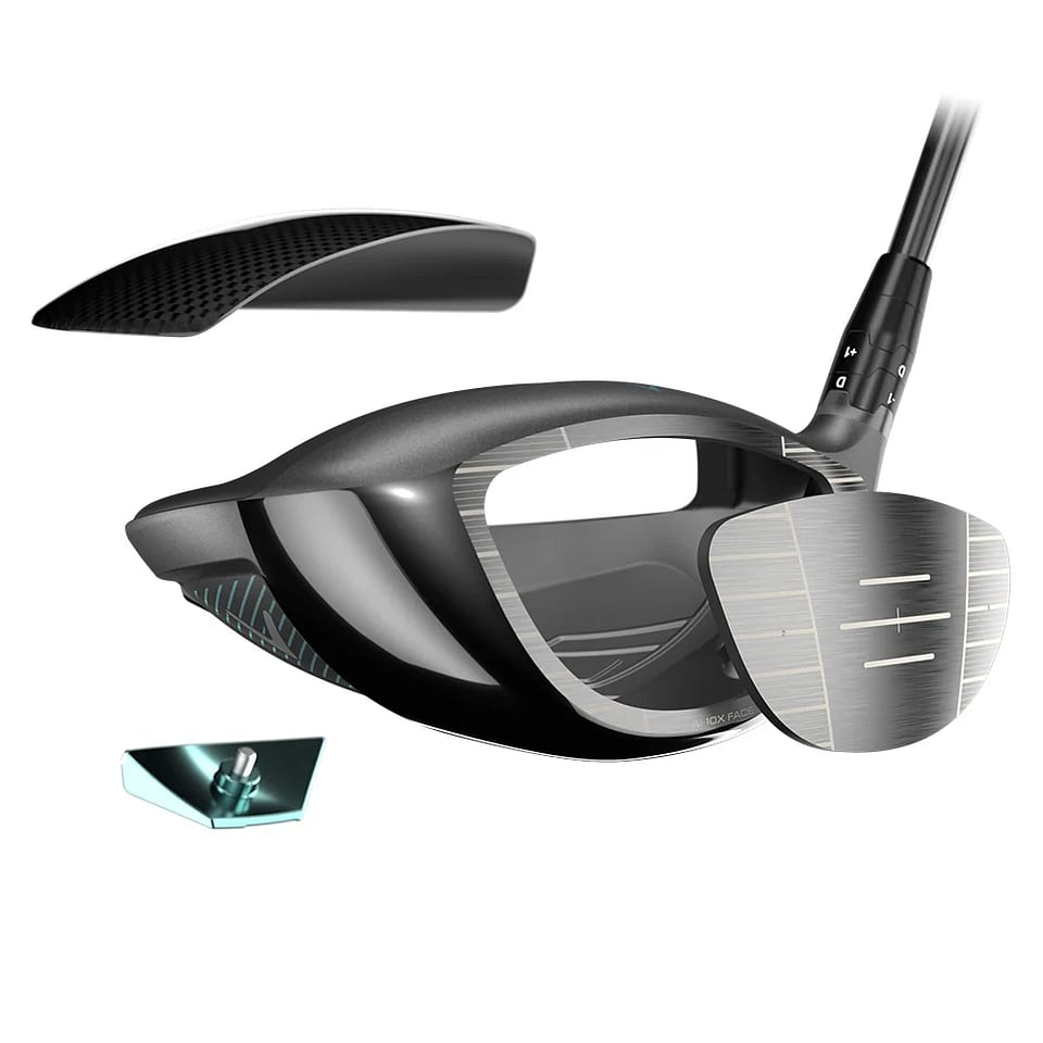 Sundurliðuð mynd af Callaway Reva Rise driver: koltrefjakróna, höggflötur og lóð